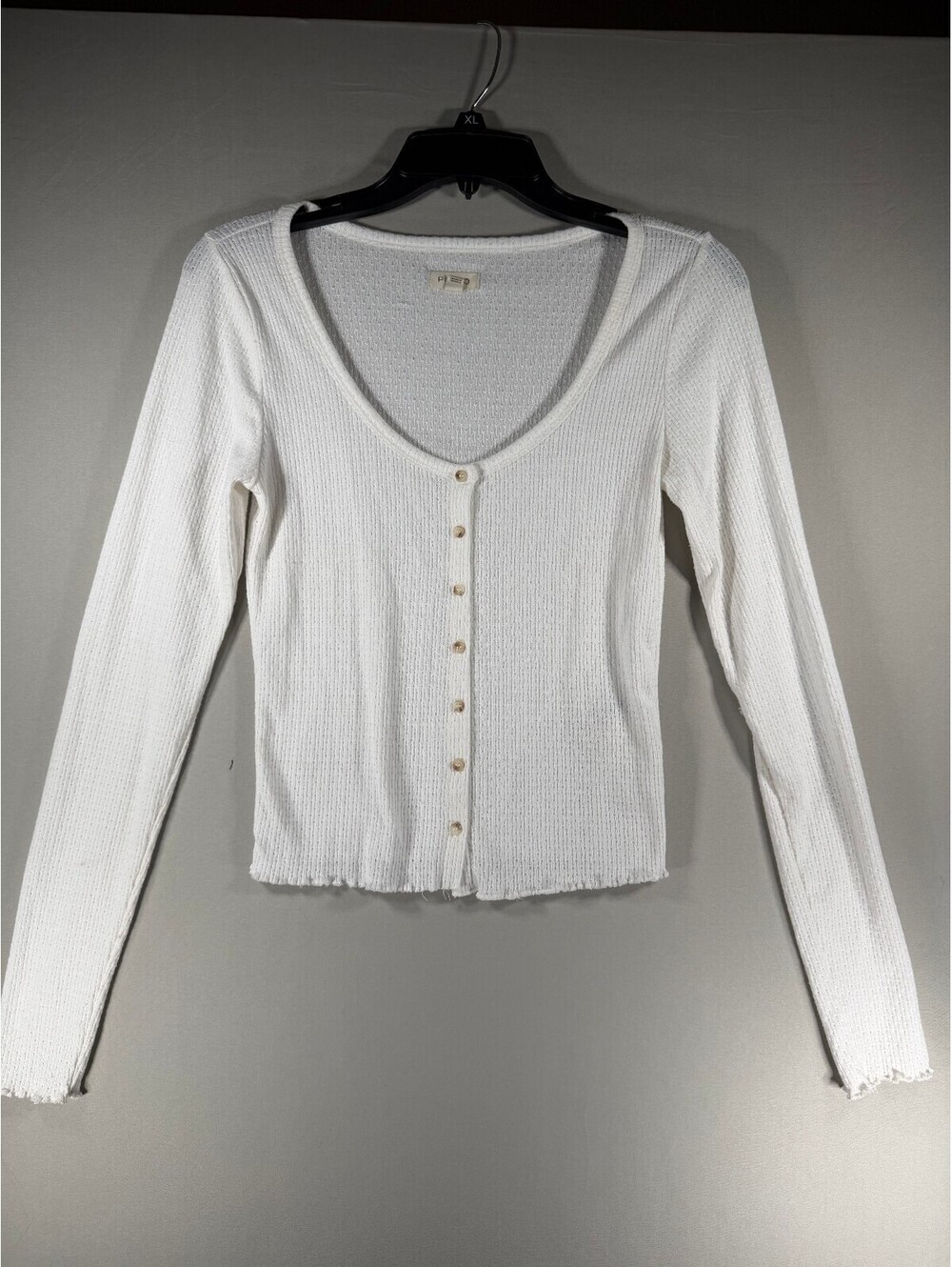 Pilcro White Long Sleeve Button-Up Ribbed Scoop Neck Top Size Small